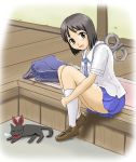  black_cat black_cat_(animal) black_eyes black_hair cat footwear kamosikayasyamoji looking_at_viewer necktie nichijou nose_bubble open_mouth putting_on_shoes sakamoto_(nichijou) school_uniform shinonome_nano shoes short_hair sitting skirt sleeping socks winding_key 