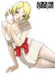  atlus bare_shoulders blonde_hair blue_eyes blush breasts catherine catherine_(game) cleavage dress drill_hair finger_to_mouth lipstick lowres makeup off_shoulder oyaman ribbon short_hair strap_slip thigh-highs thighhighs twin_drills 
