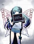  amputee aqua_eyes aqua_hair blood butterfly butterfly_wings hair_ribbon hatsune_miku injury mouth_hold necktie ribbon short_shorts shorts solo twintails v vocaloid wings 