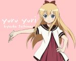  blonde_hair blue_eyes blush bow hair_bow hand_on_hip hips long_hair looking_at_viewer motion_blur outstretched_arm pen pink_background saitoyu00 school_uniform simple_background smile solo standing toshinou_kyouko yuru_yuri 