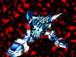  arm_blade green_eyes mecha no_humans pose simple_background solo soulgain super_robot_wars super_robot_wars_og_the_inspector super_robot_wars_original_generation weapon 