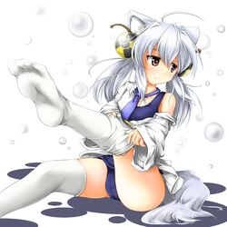  ball blush dripping hair_ornament highres leg_up necktie nuclear off_shoulder one-piece_swimsuit open_clothes open_shirt original pink_eyes pr0vidence radiation_symbol red_star_(toranecomet) school_swimsuit shirt silver_hair sitting solo swimsuit tail thigh-highs thighhighs thighhighs_pull tie_clip twintails uranium white_legwear wolf_ears wolf_tail 