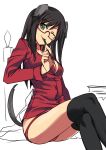  1girl animal_ears bespectacled black_hair black_legwear breasts cleavage dog_ears dress_shirt federica_n_doglio glasses green_eyes long_hair ningen_(ningen96) open_clothes open_shirt panties pencil red_panties shirt simple_background sitting smile strike_witches tail thigh-highs thighhighs tongue underwear wink 