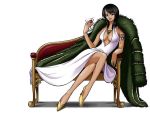  alcohol artist_request black_hair blue_eyes breasts cleavage couch dress female formal fur_coat nico_robin one_piece sitting solo under_boob underboob 