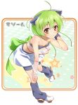  1girl animal_ears bare_shoulders bike_shorts blush bow brown_eyes bun150 green_hair hand_on_knee highres leaning_forward leg_warmers original roller_skates see-through short_hair skates skirt smile solo standing star tubetop wristband 