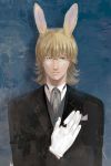  animal_ears bad_id barnaby_brooks_jr blonde_hair bunny_ears formal glasses gloves green_eyes highres jewelry kemonomimi_mode male necklace nekotachoko realistic ring solo suit tiger_&amp;_bunny white_gloves 