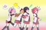  &gt;_&lt; 19840602 4girls :d akaza_akari anger_vein angry arms_up black_hair blonde_hair bow brown_eyes clenched_hands double_bun fist funami_yui hair_bobbles hair_bow hair_ornament hug hug_from_behind long_hair multiple_girls open_mouth pink_hair purple_eyes red_hair redhead school_uniform shoes short_hair smile star toshinou_kyouko twintails violet_eyes yoshikawa_chinatsu yuru_yuri 