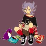  bird chocolate eating footwear inazuma_eleven inazuma_eleven_(series) inazuma_eleven_go manmo01 miyabino_reiichi penguin purple_hair saliva shirt shoes sitting sneakers socks spiked_hair spiky_hair striped striped_shirt 