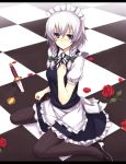  black_legwear blue_eyes blush bow braid checkered checkered_floor flower izayoi_sakuya knife letterboxed maid maid_headdress pantyhose petals planted_weapon pocket_watch red_rose rose short_hair silver_hair sitting solo takemori_shintarou throwing_knife touhou twin_braids wariza watch weapon 