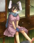  :3 animal_ears azmy_(nyanbou) barefoot black_hair breath bunny_ears gloves inaba_tewi pink_dress red_eyes scarf short_hair sitting snow snowing solo touhou v_arms veranda 