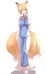  animal_ears arms_behind_back bangs blonde_hair breasts curvy dearmybrothers dress face fox_ears fox_tail highres hips large_breasts lips looking_away multiple_tails navel no_hat no_headwear orange_eyes shadow shiny shiny_clothes short_hair simple_background smile solo tabard tail touhou walking wide_hips yakumo_ran yellow_eyes 