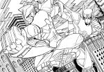  1k bad_id barnaby_brooks_jr clenched_hand clenched_hands fist foreshortening highres kaburagi_t_kotetsu kicking lineart monochrome natano_hisanori power_suit punching solo tiger_&amp;_bunny 