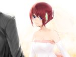  bare_shoulders brown_hair choker dress elbow_gloves flower gloves hair_flower hair_ornament makise_kurisu meiko_(puua) purple_eyes smile steins;gate veil violet_eyes wedding wedding_dress white_gloves 