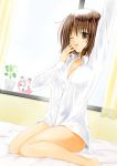  alarm_clock artist_request bare_legs bed bottomless breasts brown_eyes brown_hair cleavage clock dress_shirt highres kneeling naked_shirt no_bra no_panties open_mouth original shirt sitting solo source_request wariza wink yawning 