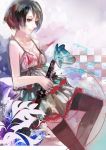  black_eyes black_hair black_legwear breasts butterfly checkered checkered_background cleavage dogs:_bullets_&amp;_carnage dress fuyumine_naoto katana scar short_hair solo sword thigh-highs thighhighs weapon zettai_ryouiki 
