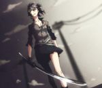  black_hair breasts cleavage cloud dogs:_bullets_&amp;_carnage dutch_angle from_below fuyumine_naoto gloves katana lens_flare popped_collar power_lines rika-tyan scar short_hair skirt solo sword weapon wind 