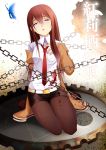  belt blood brown_hair brown_legwear butterfly gears jacket legwear_under_shorts long_hair makise_kurisu necktie pantyhose purple_eyes shorts sitting solo steins;gate tears violet_eyes 