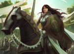  banner barding breastplate brown_hair female helmet horse jason_chan knight lance long_hair magic:_the_gathering magic_the_gathering official_art polearm riding shield spear tree weapon 
