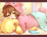  animal_ears bandaid bed blush brown_hair child copyright_request door emu_(trigger) green_eyes hoodie kimigainai lying male nintendo_ds nintendo_ds_lite on_stomach open_mouth original pajamas poster poster_(object) short_hair solo stuffed_animal stuffed_toy 