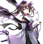  alternate_costume black_wings bon bow brown_hair checkered hair_bow hat himekaidou_hatate japanese_clothes katana kourindou_tengu_costume obi payot purple_eyes scabbard sheath sheathed solo sword tassel tengu tokin_hat touhou twintails weapon white_background wings 