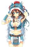  blue_eyes breasts brown_hair cleavage crop_top fur_collar haneten_kagatsu hua_man midriff navel sangokushi_taisen skirt smile solo 