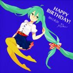  ahoge bad_id belt blue floating_hair green_eyes green_hair grin happy_birthday hatsune_miku kise_(swimmt) long_hair simple_background skirt smile solo thigh-highs thighhighs twintails very_long_hair vocaloid yellow_legwear 