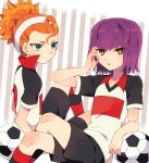  ball brown_eyes green_eyes hayabusa_hideki inazuma_eleven inazuma_eleven_(series) inazuma_eleven_go kita_ichiban multicolored_eyes multiple_boys orange_hair ponytail purple_hair short_hair sitting soccer_ball soccer_uniform socks striped striped_socks tengawara tsukuyomi_03 yellow_eyes 