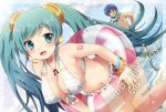  aqua_eyes aqua_hair bikini bracelet breasts cleavage dutch_angle floral_print front-tie_top hanging_breasts hatsune_miku headset innertube jewelry kaito large_breasts long_hair miyano_ururu musical_note navel necklace open_mouth smile solo swimsuit twintails vocaloid water 