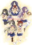  5girls book botan clannad fujibayashi_kyou furukawa_nagisa highres ibuki_fuuko ichinose_kotomi irotani_asuka multiple_girls sakagami_tomoyo school_uniform starfish thighhighs 