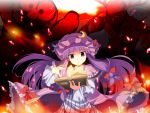  capelet crescent dress elmo flat_gaze fujy hair_ribbon hands hat highres open_book patchouli_knowledge pink_dress purple_eyes purple_hair red_demon ribbon sesame_street sparks striped striped_dress touhou violet_eyes wind 