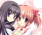  akemi_homura black_hair blush bust face-to-face face_to_face hairband hand_on_another's_cheek hand_on_another's_face hand_on_cheek hug kaname_madoka long_hair lowres magical_girl mahou_shoujo_madoka_magica multiple_girls nekoneko open_mouth pink_hair purple_eyes school_uniform short_hair simple_background twintails violet_eyes yuri 