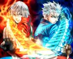  agni back-to-back blue blue_eyes brothers coat dante devil_may_cry fire gloves male multiple_boys nagare pose red rudra siblings smirk sword twins vergil weapon white_hair wind 