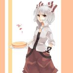  alternate_hairstyle bad_id cake food fujiwara_no_mokou hand_in_pocket konbu_ame short_hair sleeves_rolled_up touhou 