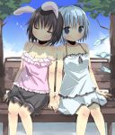  2girls alternate_costume amaa_(chou_dennou_jidai) animal_ears bad_id bare_shoulders bench black_hair blue_eyes blue_hair bunny_ears casual cirno closed_eyes collarbone contemporary hand_holding holding_hands inaba_tewi multiple_girls short_hair sitting sleeping strap_slip touhou wings 