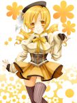  beret blonde_hair blush breasts dress drill_hair hat kisetsu_a long_hair magical_girl mahou_shoujo_madoka_magica skirt smile solo thigh-highs thighhighs tomoe_mami twin_drills twintails vertical-striped_legwear vertical_stripes yellow yellow_background yellow_dress yellow_eyes 