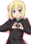  blonde_hair blue_eyes blush erica_hartmann heart heart_hands military military_uniform open_mouth short_hair simple_background solo strike_witches uniform youkan 