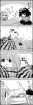  afloat alternate_costume bikini bow bucket cirno comic floating food frog from_behind fruit hair_bobbles hair_bow hair_ornament highres hose ice kisume kochiya_sanae leaf maple_leaf monochrome pool sitting smile swimsuit tani_takeshi touhou translated translation_request twintails water watermelon wet wings yasaka_kanako yukkuri_shiteitte_ne 