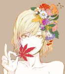  aki_shizuha bad_id bare_shoulders blonde_hair daisy eyelashes face fingernails flower hair_flower hair_ornament hands holding leaf lily_(flower) looking_at_viewer maki_(huran) maple_leaf rose short_hair simple_background smile solo spider_lily touhou yellow_eyes 