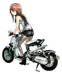  ass belt blue_eyes boots brown_hair from_behind gloves legwear_under_shorts long_hair looking_back makise_kurisu motor_vehicle pantyhose rein00 scooter shorts solo steins;gate vehicle 