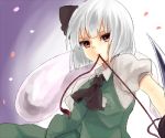  bad_id cherry_blossoms hitodama katana konbu_ame konpaku_youmu konpaku_youmu_(ghost) lowres mouth_hold red_eyes solo sword touhou weapon 