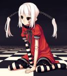  doll_joints dress hair_tubes long_hair original pointy_ears red_eyes sitting striped striped_legwear striped_thighhighs thigh-highs thighhighs twintails white_hair 