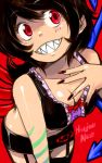  adapted_costume alternate_costume asymmetrical_wings black_hair breasts brown_hair cleavage fangs garter_straps grin houjuu_nue midriff nail_polish open_mouth oso_(toolate) red_eyes sharp_teeth short_hair smile solo tattoo thigh-highs thighhighs touhou wings 