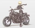  ahoge black_gloves blonde_hair fate/stay_night fate/zero fate_(series) formal gloves green_eyes motor_vehicle motorcycle necktie pant_suit saber sanshirou solo suit type-moon vehicle yamaha_v-max 
