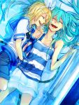  aqua_hair bacchus_kaito bare_shoulders blonde_hair closed_eyes eyes_closed hair_ornament hair_ribbon hairclip hand_holding hatsune_miku holding_hands kagamine_rin long_hair lying multiple_girls nail_polish on_back on_side open_mouth ribbon sailor_collar short_hair shorts skirt smile twintails very_long_hair vocaloid water 