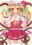  alza blonde_hair blush flandre_scarlet hat red_eyes side_ponytail solo the_embodiment_of_scarlet_devil thighhighs touhou white_legwear wings 