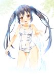  :d bare_shoulders black_hair blush brown_eyes face ichi_makoto k-on! long_hair looking_at_viewer nakano_azusa navel one-piece_swimsuit open_mouth outstretched_hand school_swimsuit smile solo splash splashing swimsuit twintails wading water white_school_swimsuit 