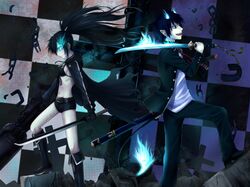  1boy 1girl belt bikini_top black_hair black_rock_shooter black_rock_shooter_(character) blue_eyes glowing glowing_eyes nowel okumura_rin open_mouth sen_kagura smile sword tail twintails weapon 