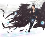  applemac black_wings el_shaddai feathers hand_in_pocket highres lucifel_(el_shaddai) lucifer_(el_shaddai) male midriff red_eyes smile solo umbrella wings 