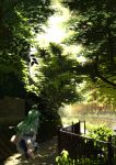  bag detached_sleeves fence from_behind green_hair hair_tubes highres kochiya_sanae koha leaf leak long_hair shadow skirt snake solo spring_onion touhou tree wall 