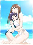  age_difference ass beach bikini blue_hair breasts brown_eyes brown_hair cloud flat_chest happy height_difference highres hug kamisama_dolls kuga_utao large_breasts long_hair looking_at_viewer multiple_girls ocean open_mouth sabachiyo_land shiba_hibino short_hair side-tie_bikini size_difference sky smile swimsuit water yuri 